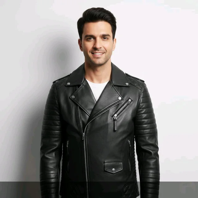 Men's Premium Black Biker Jacket with Dual Zippers & Quilted Sleeves