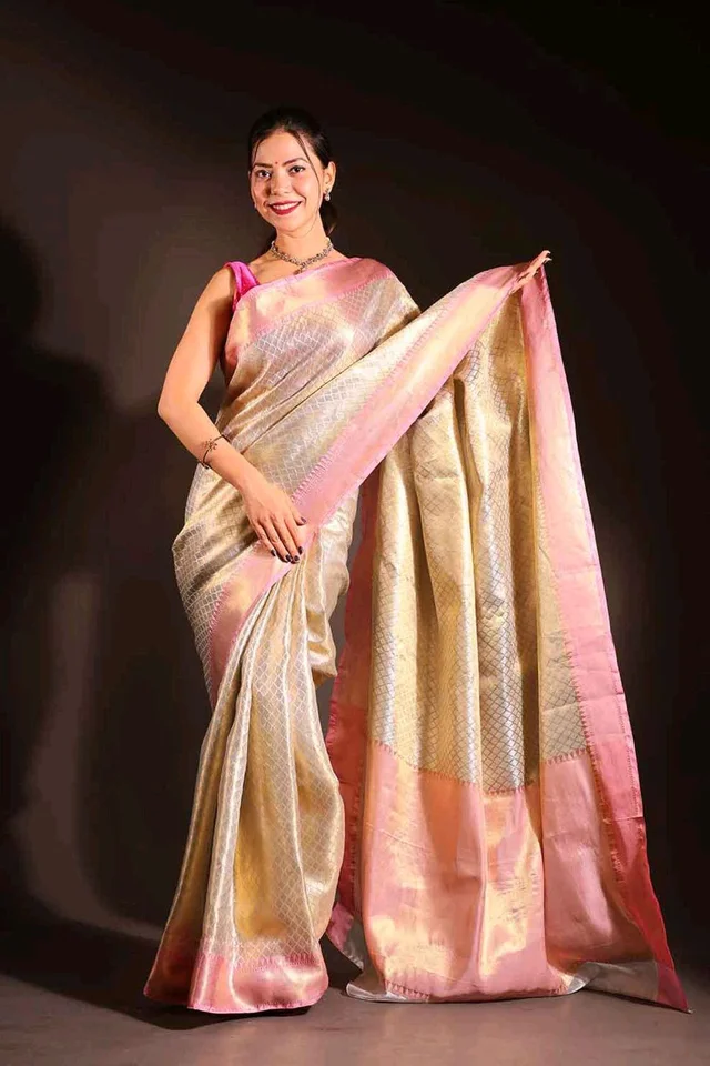 ✨ Celebrity Inspired Golden Zari Tissue Saree ✨