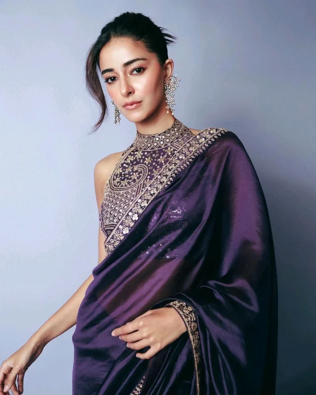 ✨ Ananya Pandey Inspired Purple Sparkle Georgette Saree with Lace ✨ - Purple, Free Size