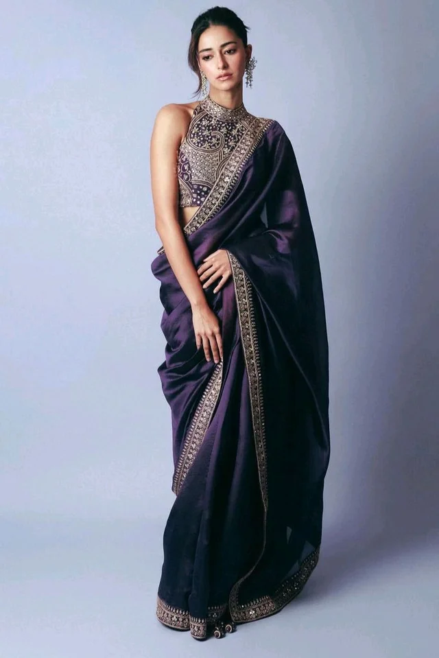 ✨ Ananya Pandey Inspired Purple Sparkle Georgette Saree with Lace ✨ - Purple, Free Size
