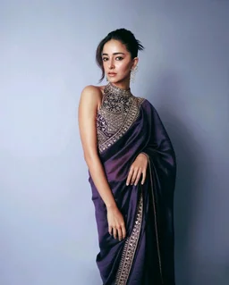 ✨ Ananya Pandey Inspired Purple Sparkle Georgette Saree with Lace ✨ - Purple, Free Size