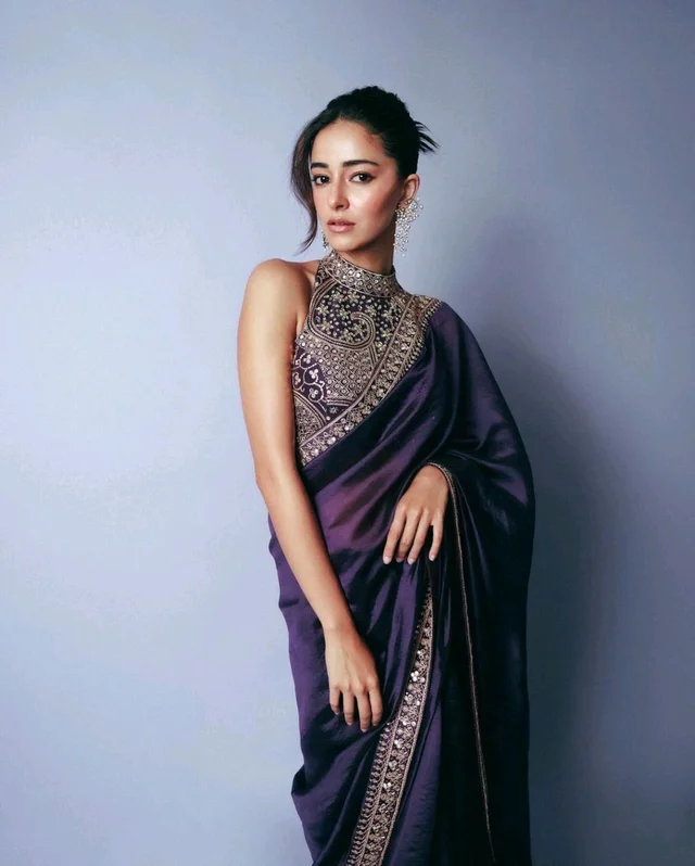 ✨ Ananya Pandey Inspired Purple Sparkle Georgette Saree with Lace ✨ - Purple, Free Size