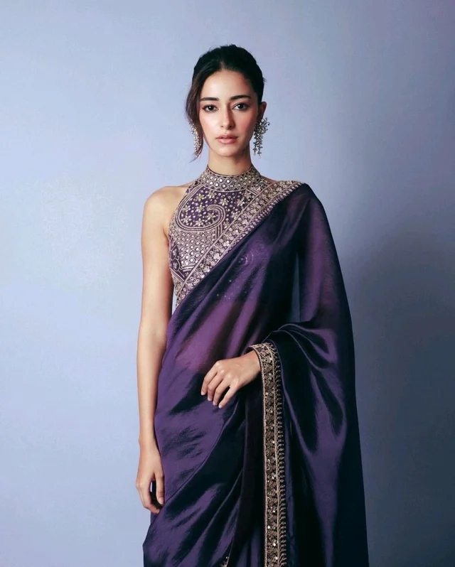 ✨ Ananya Pandey Inspired Purple Sparkle Georgette Saree with Lace ✨ - Purple, Free Size