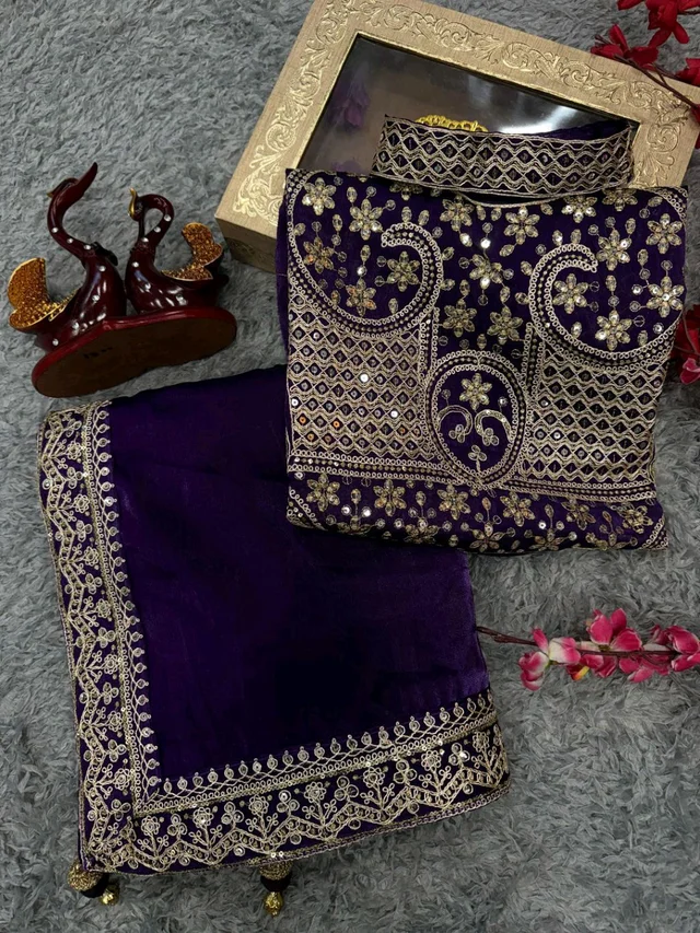 ✨ Ananya Pandey Inspired Purple Sparkle Georgette Saree with Lace ✨ - Purple, Free Size