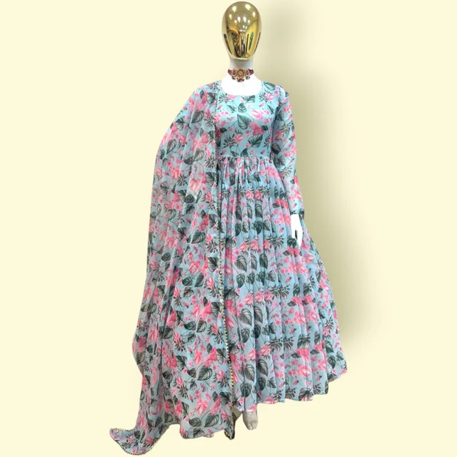ZD-10028 SKY BLUE GOWN WITH DUPATTA PANT SET - L