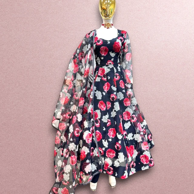 Z-9240 Navy Blue Colour Georgette Digital Print GOWN WITH DUPPATA - S