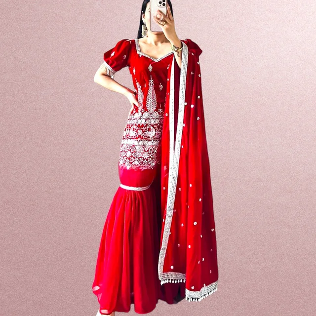 NF-1140 Embroidery Top Palazzo Set Red Colour - Red, FREE