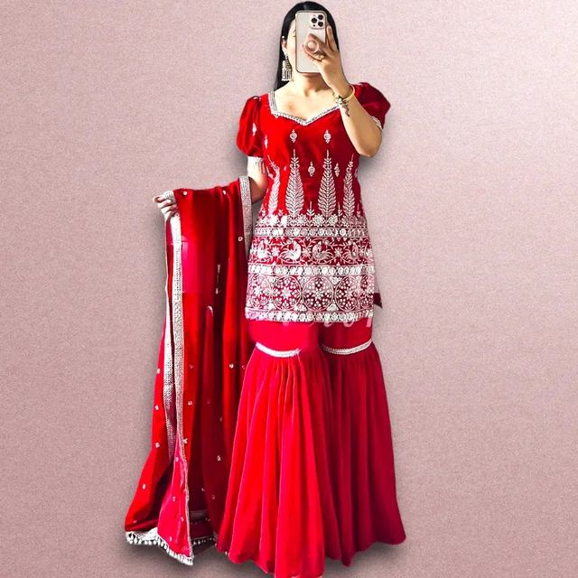 NF-1140 Embroidery Top Palazzo Set Red Colour - Red, XL
