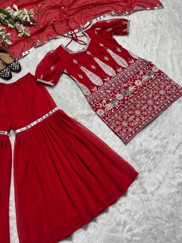 NF-1140 Embroidery Top Palazzo Set Red Colour - Red, XL