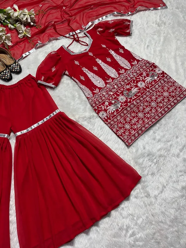 NF-1140 Embroidery Top Palazzo Set Red Colour - Red, XL