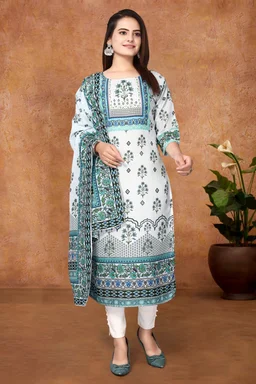 DC-G12 Light Colour Digital Print Hit Kurti & Dupata - White, M