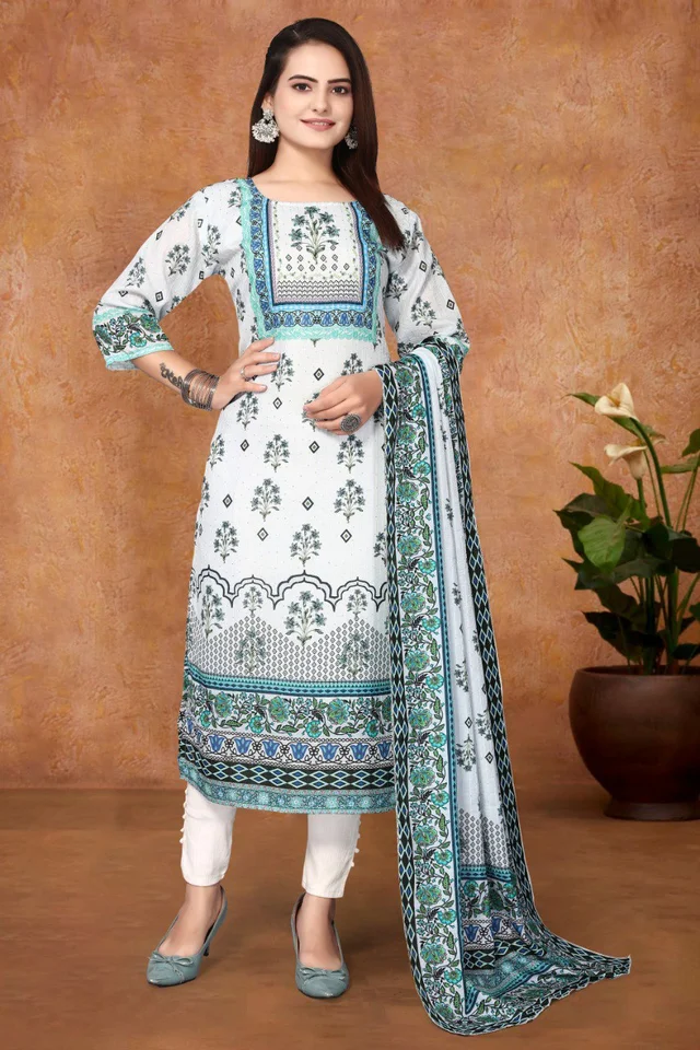 DC-G12 Light Colour Digital Print Hit Kurti & Dupata - White, XXL