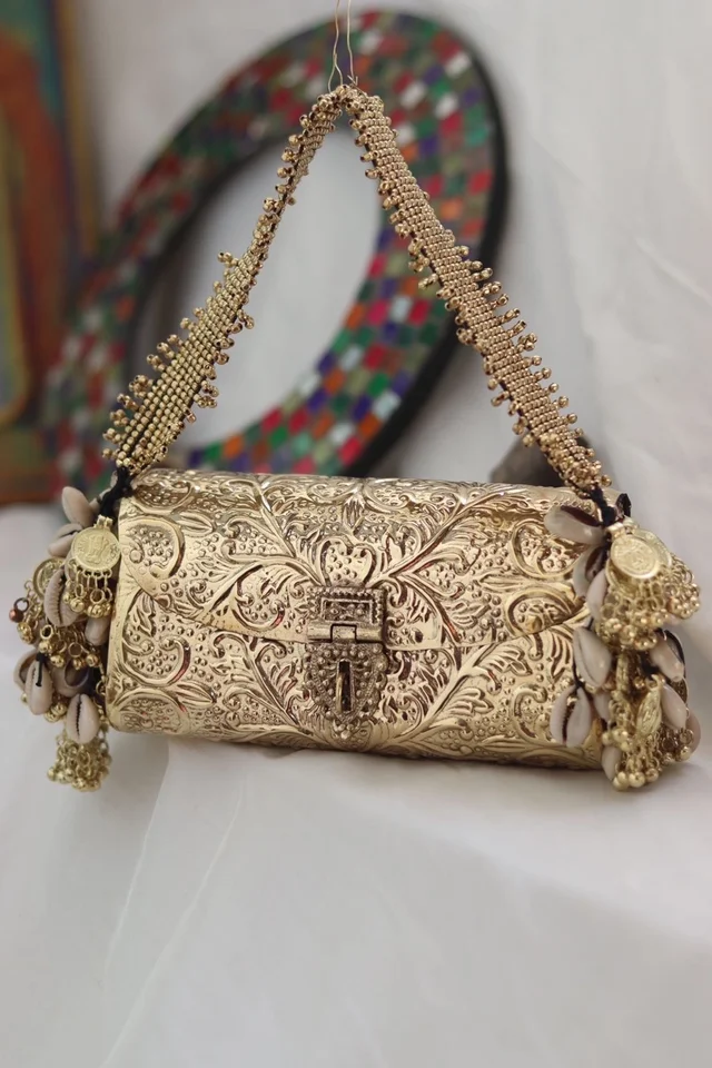 Banjara Clutch - Silver bag Gold strap