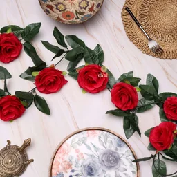 Shopnav Artificial Rose Vine Flowers With Green Leaves For Home Party Garden Wall Decoration (Rani Pink, Material:Silk, Polyester) - 0.35, Pink