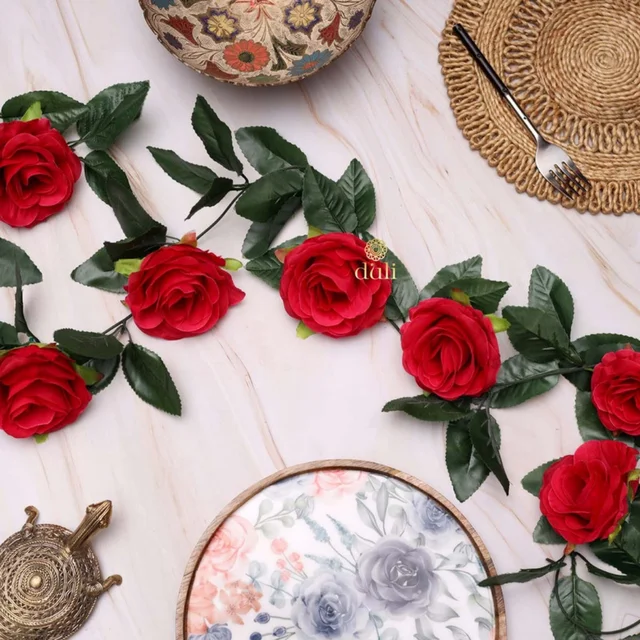 Shopnav Artificial Rose Vine Flowers With Green Leaves For Home Party Garden Wall Decoration (Rani Pink, Material:Silk, Polyester) - 0.35, Pink