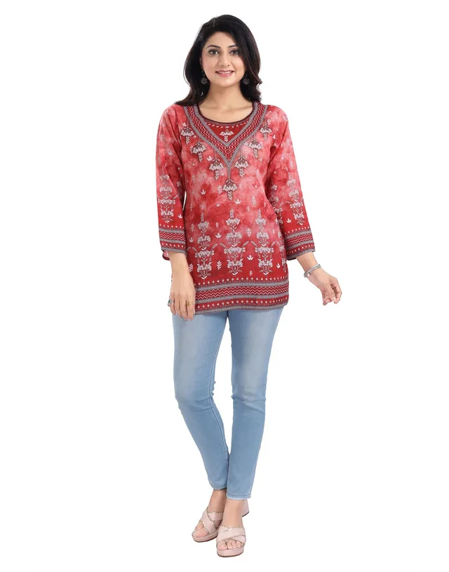 Women's 3/4th Sleeve Faux Crepe Tunic Short Top (Red) - XL, 0.45, Red