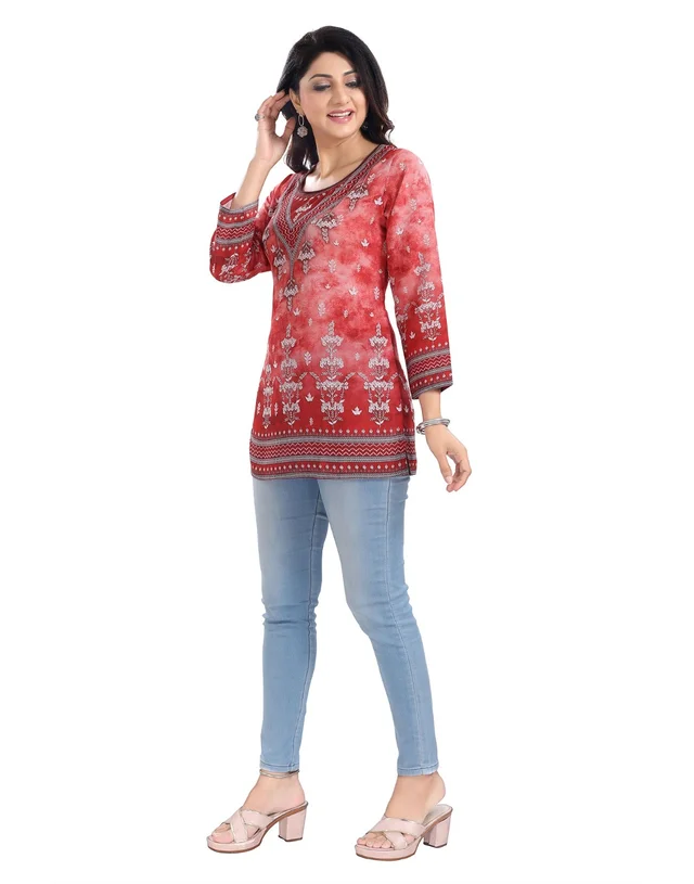 Women's 3/4th Sleeve Faux Crepe Tunic Short Top (Red) - XL, 0.45, Red