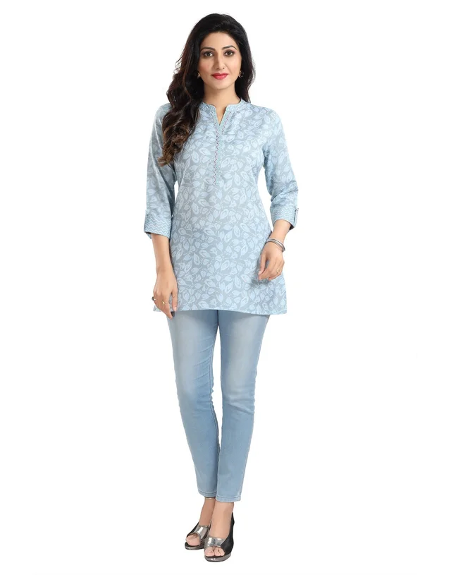 Women's 3/4th Sleeve Viscose Blend Tunic Short Top (Blue) - L, 0.45, Blue