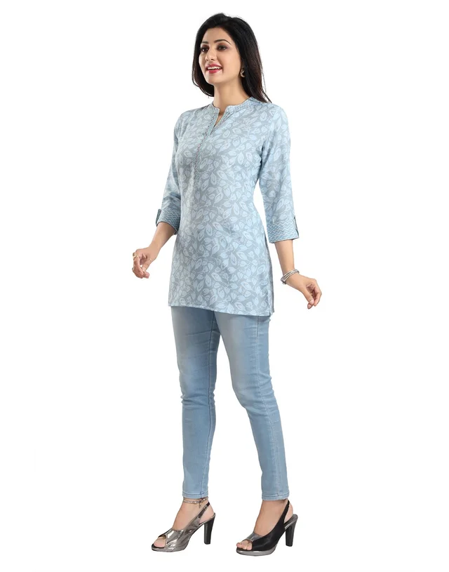 Women's 3/4th Sleeve Viscose Blend Tunic Short Top (Blue) - L, 0.45, Blue