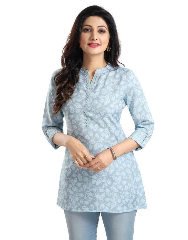 Women's 3/4th Sleeve Viscose Blend Tunic Short Top (Blue) - L, 0.45, Blue