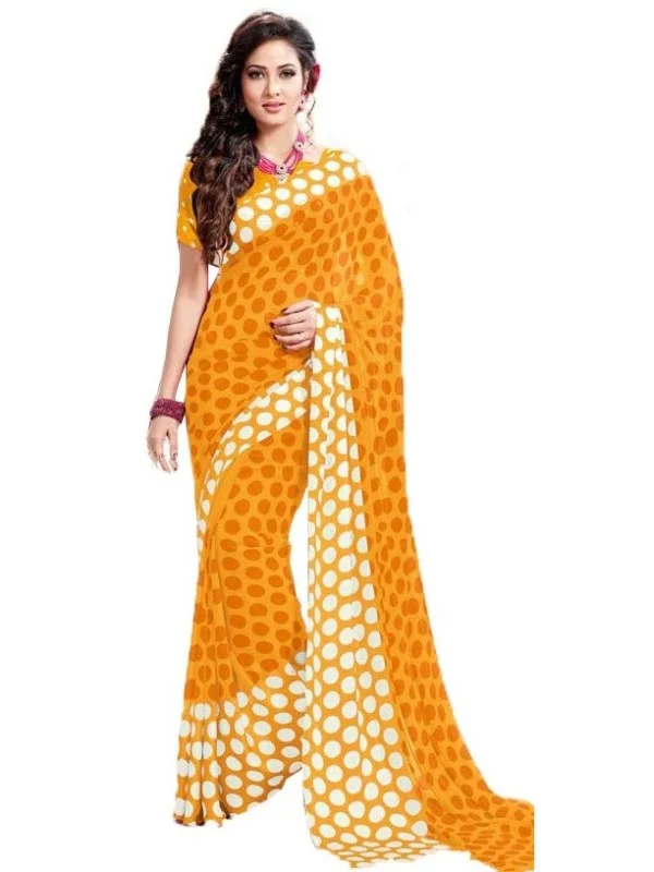 Womens Geogrette Saree with Blouse Digital Printed Saree (Yellow, 6.25 Mtr) - Yellow, 0.35