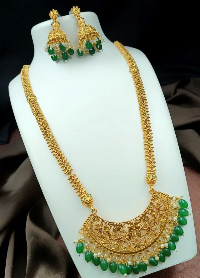 Shopnav Women's Gold Plated Temple Necklace and Earrings Set (Green — Free Size) - Green, Brass