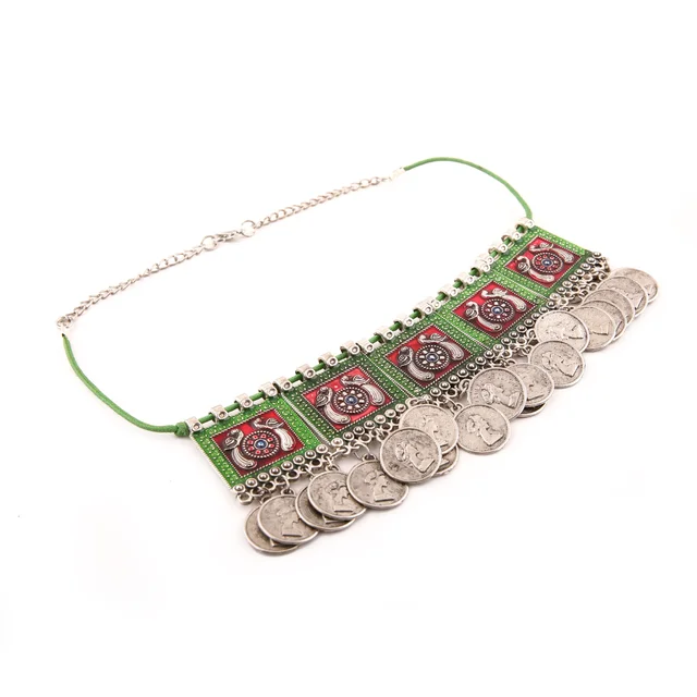 Shopnav Oxidised Silver Plated Meena Work Choker Necklace - Multicolour, Alloy