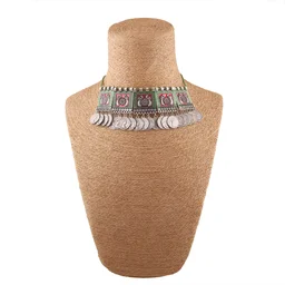 Shopnav Oxidised Silver Plated Meena Work Choker Necklace - Multicolour, Alloy