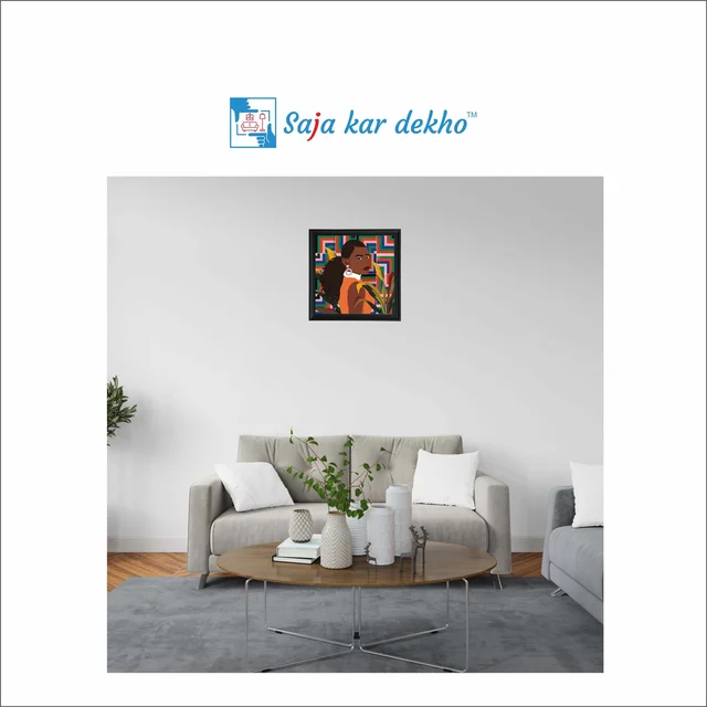 SAJA KAR DEKHO The Grown Girl With Green, Orange, Blue And Pink Line Background Art High Quality Weather Resistant HD Wall Frame | 20 x 20 inch | - 20 X 20 inch