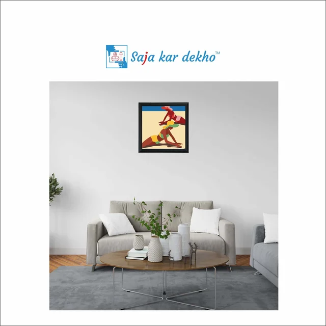 SAJA KAR DEKHO Two Girls Are Sleeping On The Beach Illustration High Quality Weather Resistant HD Wall Frame | 20 x 20 inch | - 20 X 20 inch