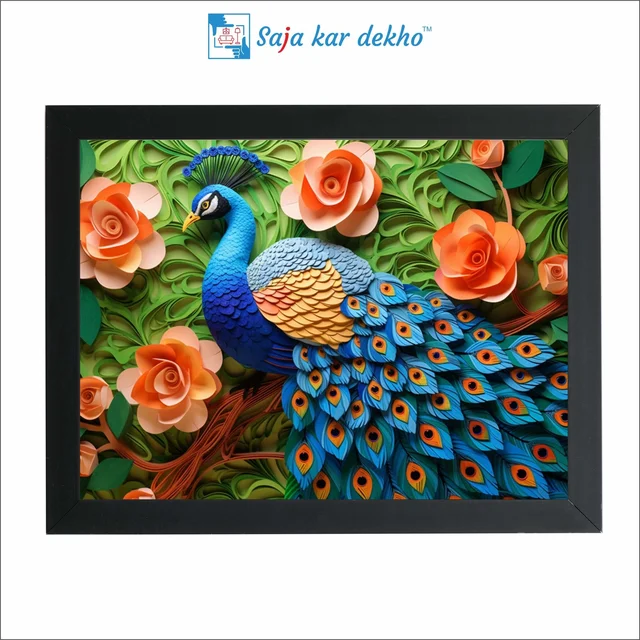 SAJA KAR DEKHO Beautiful Peacock With Light Orange Flower High Quality Weather Resistant HD Wall Frame | 18 x 12 inch | - 18 X 12 inch