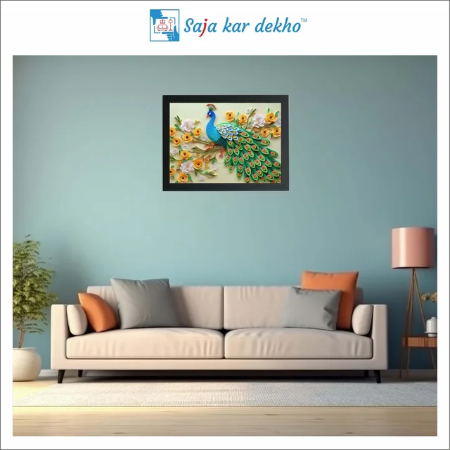 SAJA KAR DEKHO Beautiful Peacock With White And Yellow Flower High Quality Weather Resistant HD Wall Frame | 18 x 12 inch | - 18 X 12 INCH