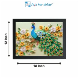 SAJA KAR DEKHO Beautiful Peacock With White And Yellow Flower High Quality Weather Resistant HD Wall Frame | 18 x 12 inch | - 18 X 12 INCH