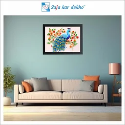 SAJA KAR DEKHO Beautiful Peacock With Flower And Leaves High Quality Weather Resistant HD Wall Frame | 18 x 12 inch | - 18 X 12 inch