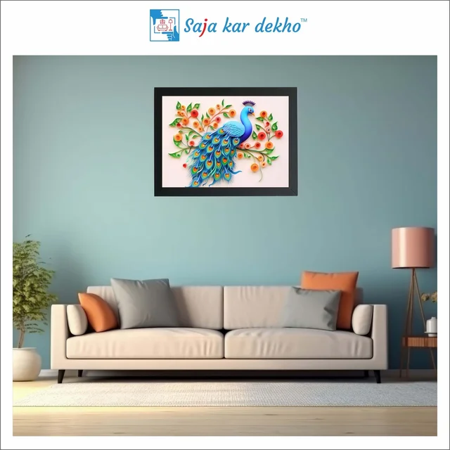 SAJA KAR DEKHO Beautiful Peacock With Flower And Leaves High Quality Weather Resistant HD Wall Frame | 18 x 12 inch | - 18 X 12 inch