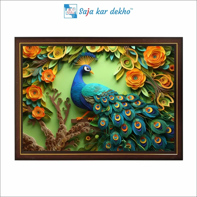 SAJA KAR DEKHO Beautiful Peacock With The Leaves And Orange Flowers High Quality Weather Resistant HD Wall Frame | 18 x 12 inch | - 18 X 12 inch