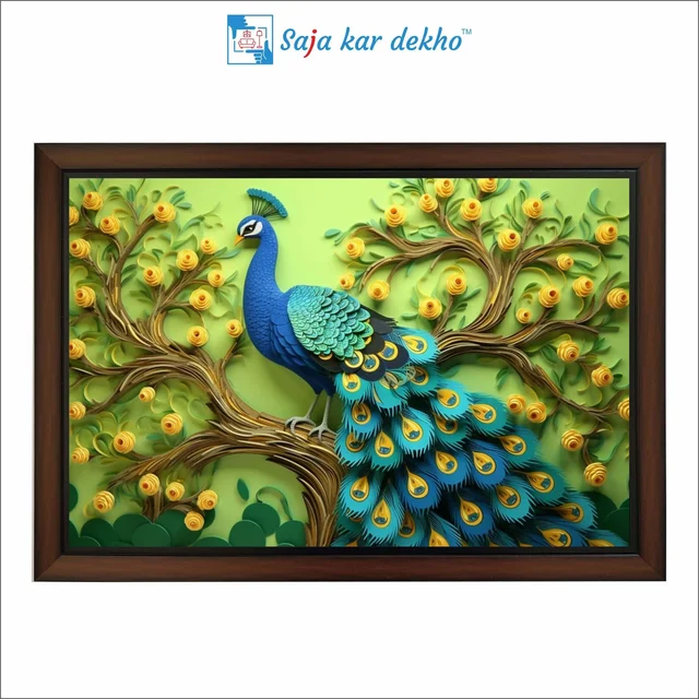 SAJA KAR DEKHO Beautiful Peacock Green Background And Tree With Yellow Flowers High Quality Weather Resistant HD Wall Frame | 18 x 12 inch | - 18 X 12 inch
