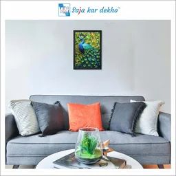 SAJA KAR DEKHO Beautiful Peacock With Green And Yellow Leaves Background High Quality Weather Resistant HD Wall Frame | 18 x 12 inch | - 18 X 12 inch
