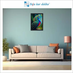 SAJA KAR DEKHO Beautiful Peacock With Colorful Background High Quality Weather Resistant HD Wall Frame | 18 x 12 inch | - 18 X 12 inch