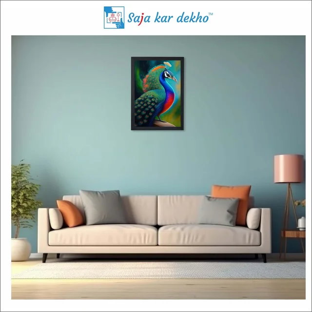 SAJA KAR DEKHO Beautiful Peacock With Colorful Background High Quality Weather Resistant HD Wall Frame | 18 x 12 inch | - 18 X 12 inch