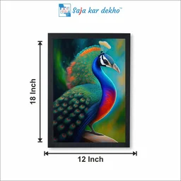 SAJA KAR DEKHO Beautiful Peacock With Colorful Background High Quality Weather Resistant HD Wall Frame | 18 x 12 inch | - 18 X 12 inch