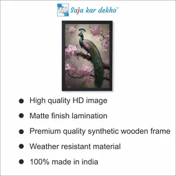 SAJA KAR DEKHO A Peacock On A Branch With Pink Flowers Beautifully High Quality Weather Resistant HD Wall Frame | 18 x 12 inch | - 18 X 12 inch