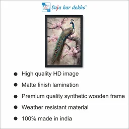 SAJA KAR DEKHO A Peacock On Tree With Pink Flowers High Quality Weather Resistant HD Wall Frame | 18 x 12 inch | - 18 X 12 inch