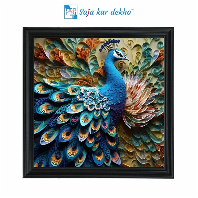 SAJA KAR DEKHO "• Beautiful Peacock with 3D Look Background High Quality Weather Resistant HD Wall Frame | 20 x 20 inch |" - 20 X 20 inch