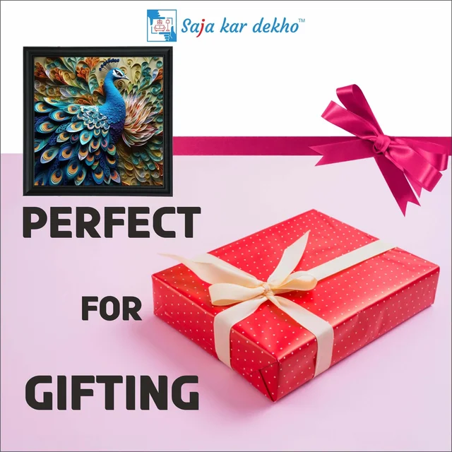 SAJA KAR DEKHO "• Beautiful Peacock with 3D Look Background High Quality Weather Resistant HD Wall Frame | 20 x 20 inch |" - 20 X 20 inch