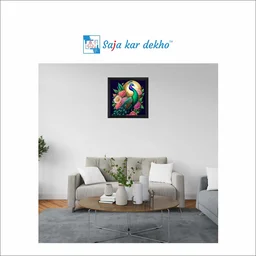 SAJA KAR DEKHO Peacock With Flowers And A Moon In The Background High Quality Weather Resistant HD Wall Frame | 20 x 20 inch | - 20 X 20 inch
