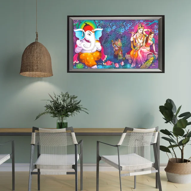 SAJA KAR DEKHO GANESH JI & RADHA KRISHNA PHOTO High Quality Weather Resistant HD Wall Frame | 18 x 12 inch | - 18 X 12 inch