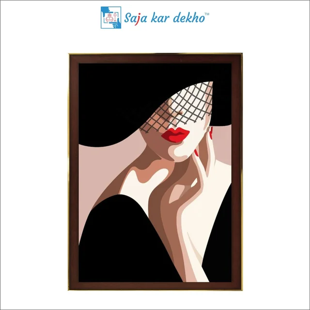 SAJA KAR DEKHO Girl Red Lips And Hat High Quality Weather Resistant HD Wall Frame | 18 x 12 inch | - 18 X 12 inch