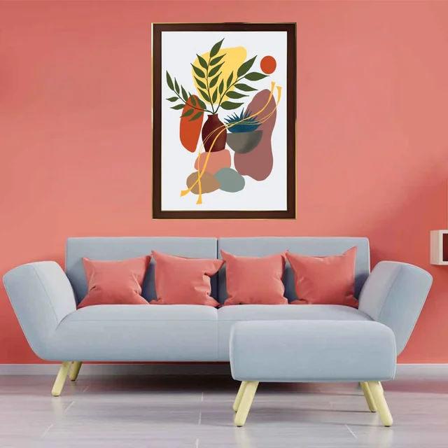 SAJA KAR DEKHO A Flower Pot, Leaves, Stones High Quality Weather Resistant HD Wall Frame | 18 x 12 inch | - 18 X 12 inch