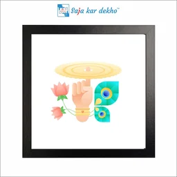 SAJA KAR DEKHO Krishna Hands Sudarshan Chakra And Lotus, Peacock Feather High Quality Weather Resistant HD Wall Frame | 20 x 20 inch | - 20 X 20 inch